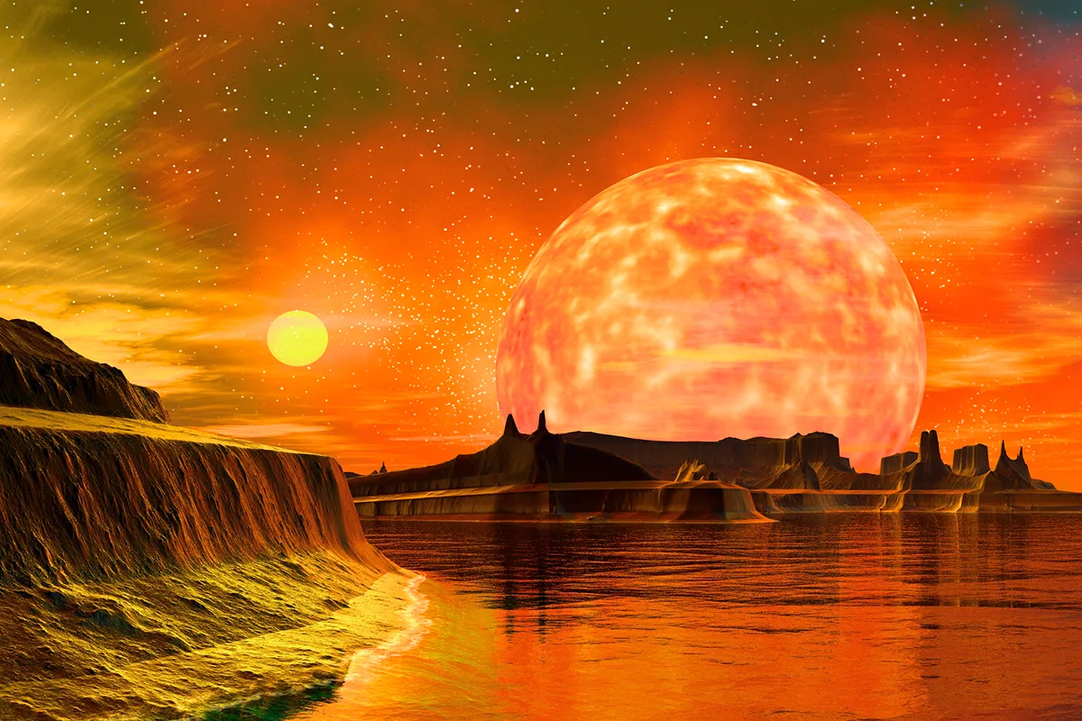 Hình ảnh mô phỏng cảnh hoàng hôn trên một hành tinh thuộc hệ sao đôi (binary star system), nơi bầu trời có hai mặt trời cùng xuất hiện, tạo nên cảnh quan rực rỡ nhưng đi kèm với sự phức tạp về trọng lực.